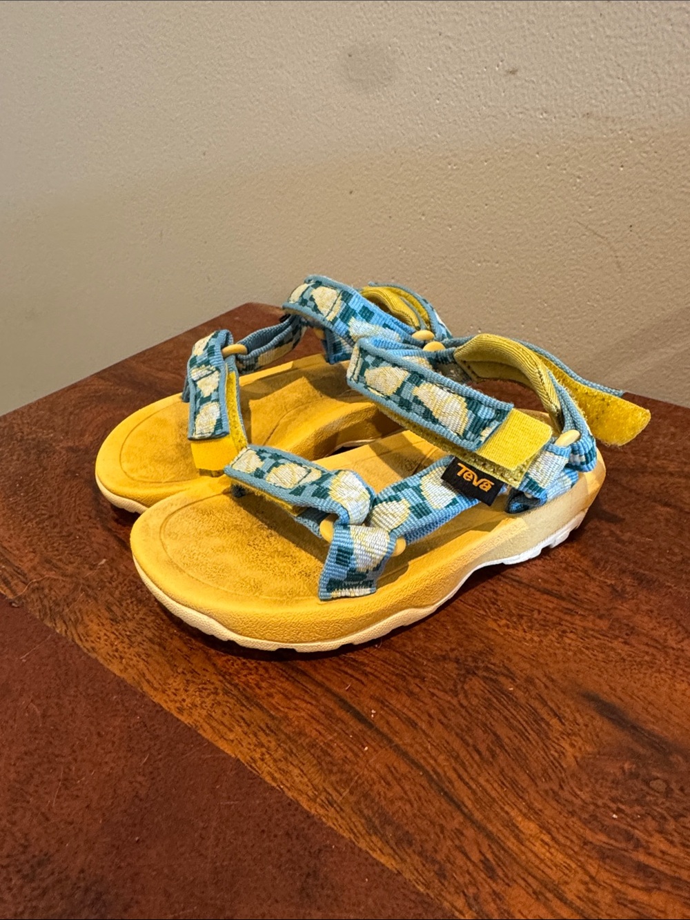 Teva Kids Yellow Footbed Sandals with Blue Patterned Straps